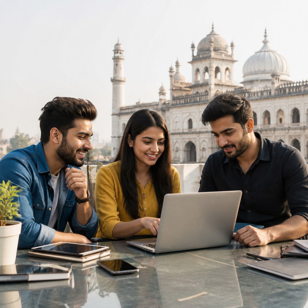 Local Rank Ai specialist creating a content marketing strategy for a Lucknow retail store, showing editorial calendar, topic research, and writing samples on a laptop screen