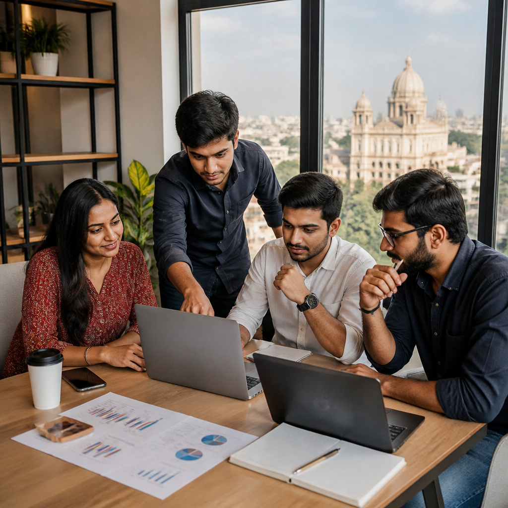 Local Rank Ai specialist configuring LinkedIn ad campaigns for a Lucknow B2B software company, showing audience targeting, lead gen forms, and performance dashboard on dual monitors