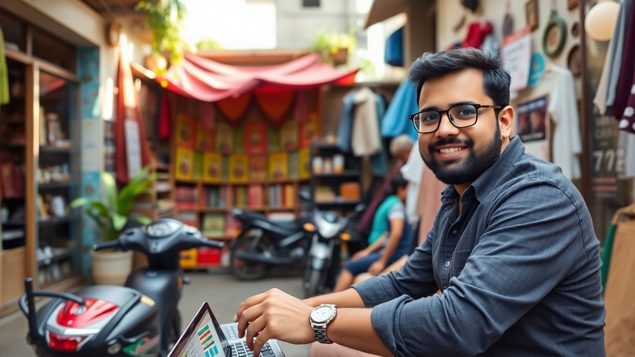 Local Rank Ai specialist creating local brand advertising campaigns for a Lucknow business, showing ad creatives, audience targeting, and campaign analytics on a laptop screen