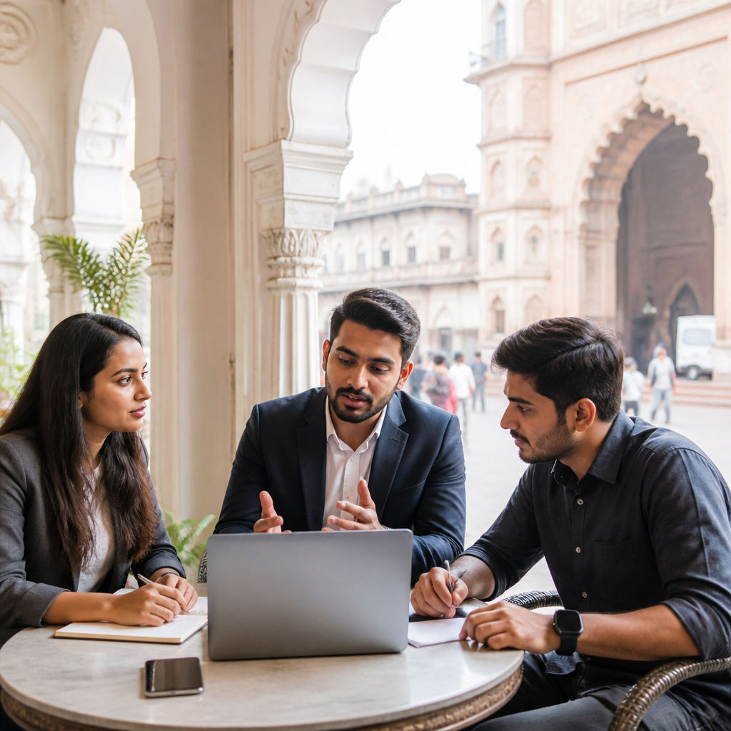 Local Rank Ai specialist analyzing local search rankings and map visibility data on a laptop for a Lucknow restaurant client, showing keyword positions, technical issues found, and optimization recommendations