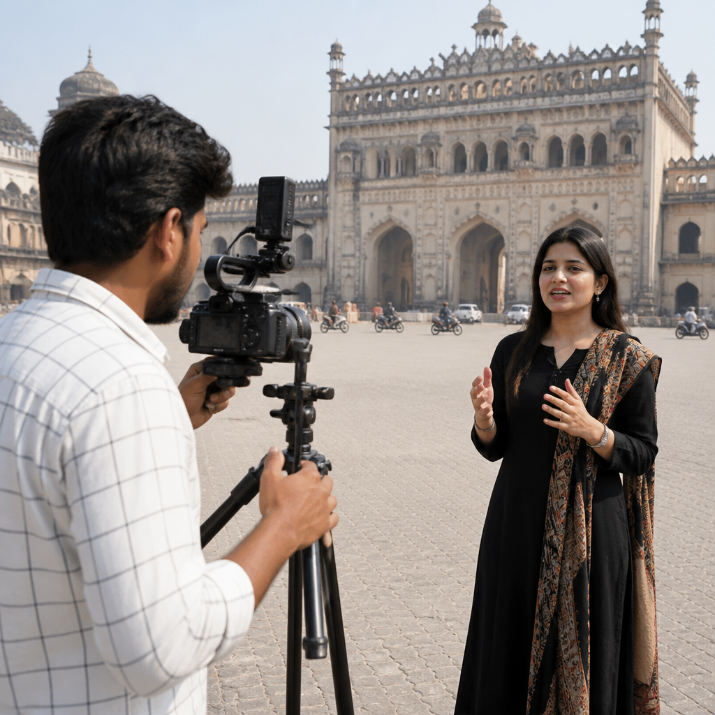 Local Rank Ai specialist planning a video marketing campaign for a Lucknow restaurant, showing storyboards, video equipment, and analytics dashboard on dual monitors